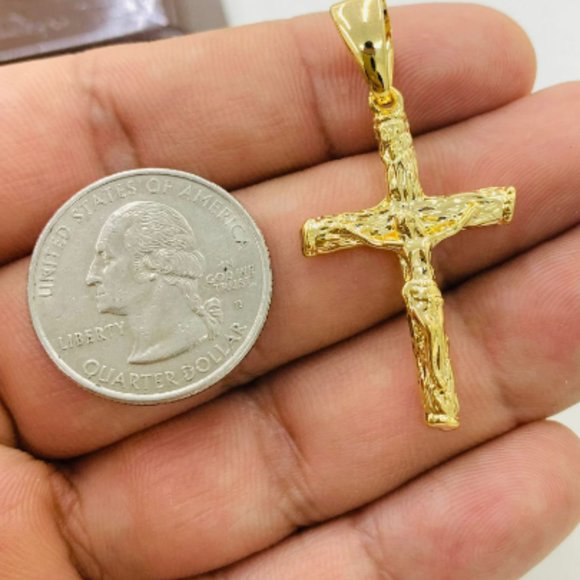 Yellow Gold Filled Rustic Cross Necklace with Figaro Chain 24" for Mens Womens - Picture 8 of 8